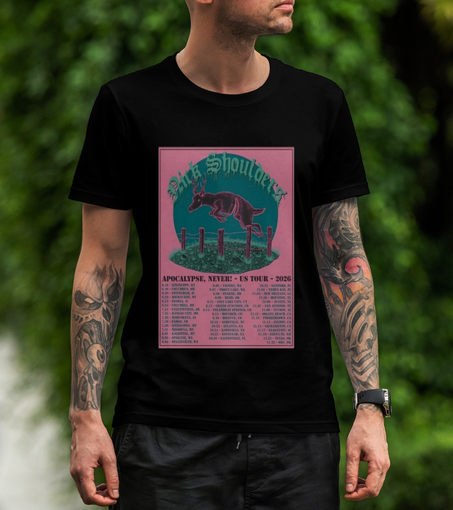 Nick Shoulders Apocalypse Never US Tour 2026 Retro Pink And Teal Leaping Deer Design With Tour Dates T-Shirt