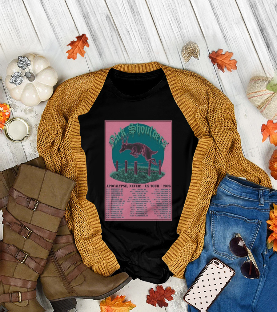Nick Shoulders Apocalypse Never US Tour 2026 Retro Pink and Teal Leaping Deer Design with Tour Dates T-Shirt