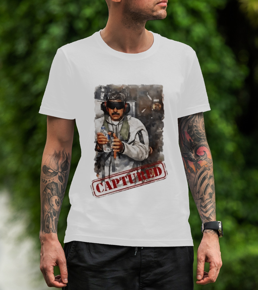 Nicolás Maduro Blindfolded Holding Water Bottle Captured Stamp T-Shirt