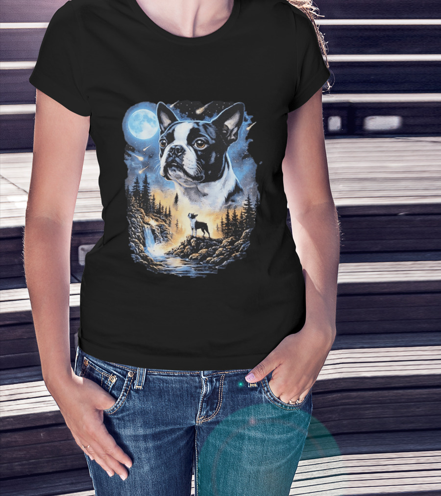 Boston Terrier Howling Moon Night Wilderness Scene T-Shirt
