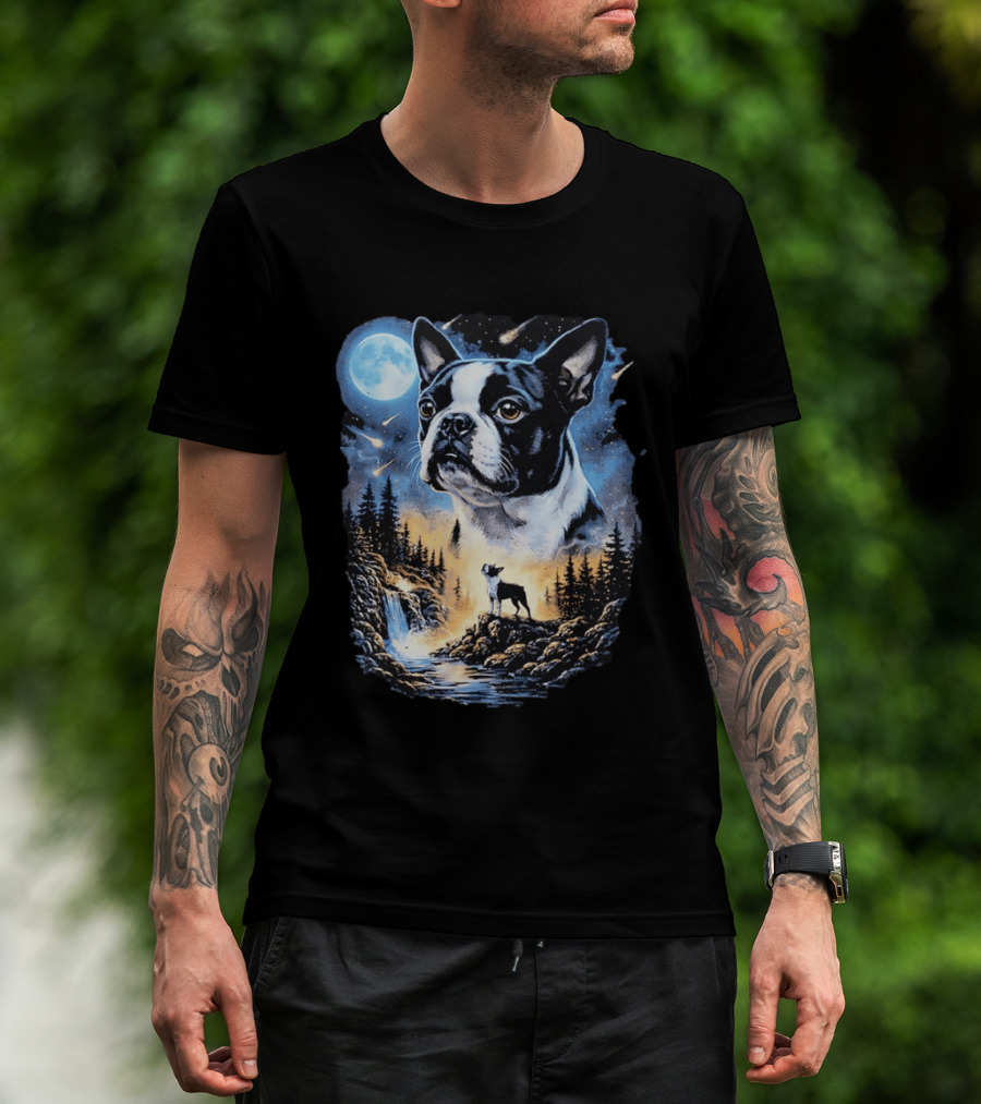 Boston Terrier Howling Moon Night Wilderness Scene T-Shirt