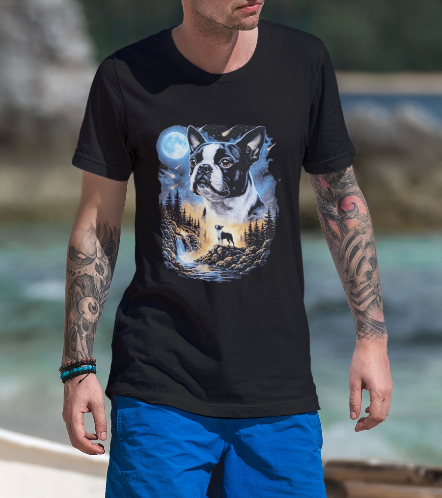 Boston Terrier Howling Moon Night Wilderness Scene T-Shirt