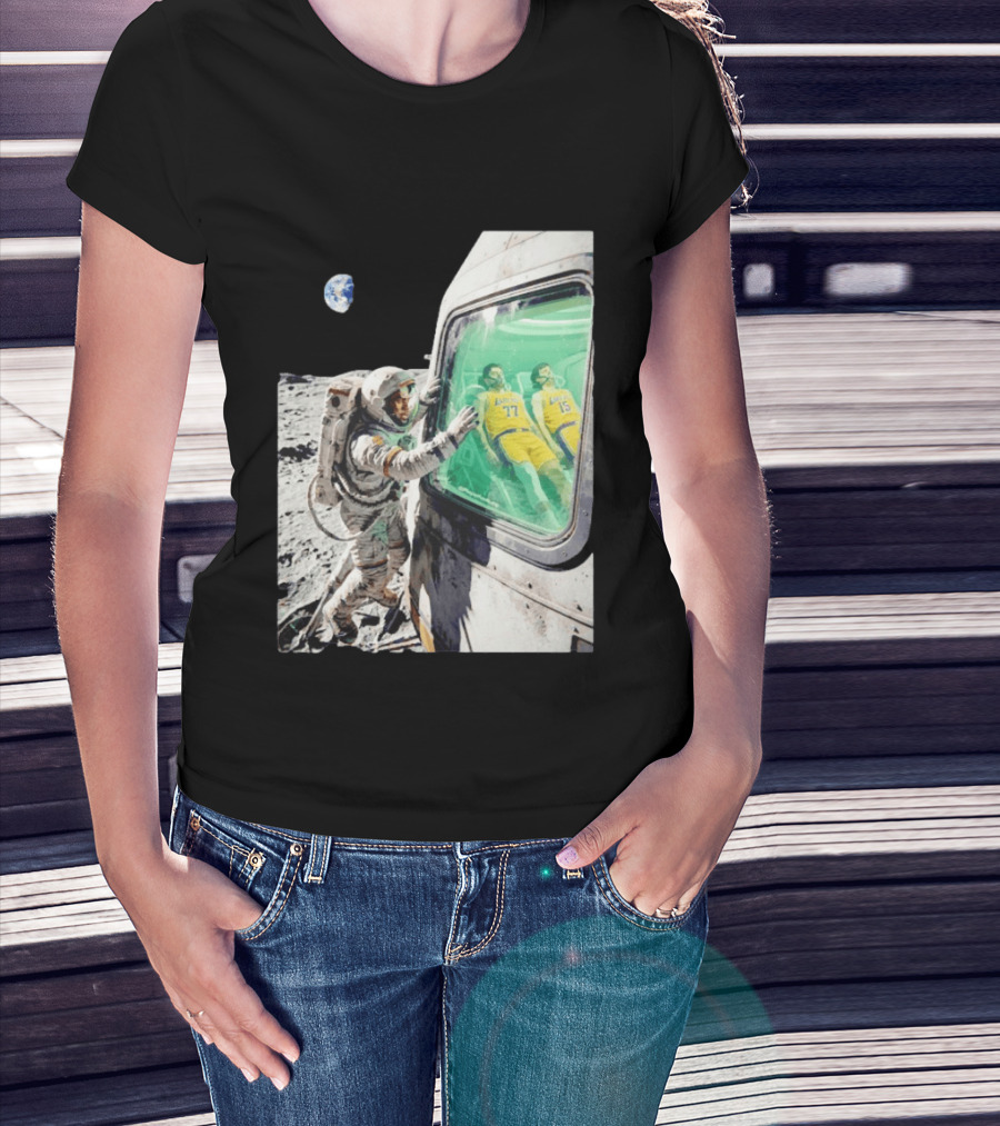 LeBron James Lakers Alone In Space Astronaut Scene With Number 77 And 15 In Spaceship T-Shirt