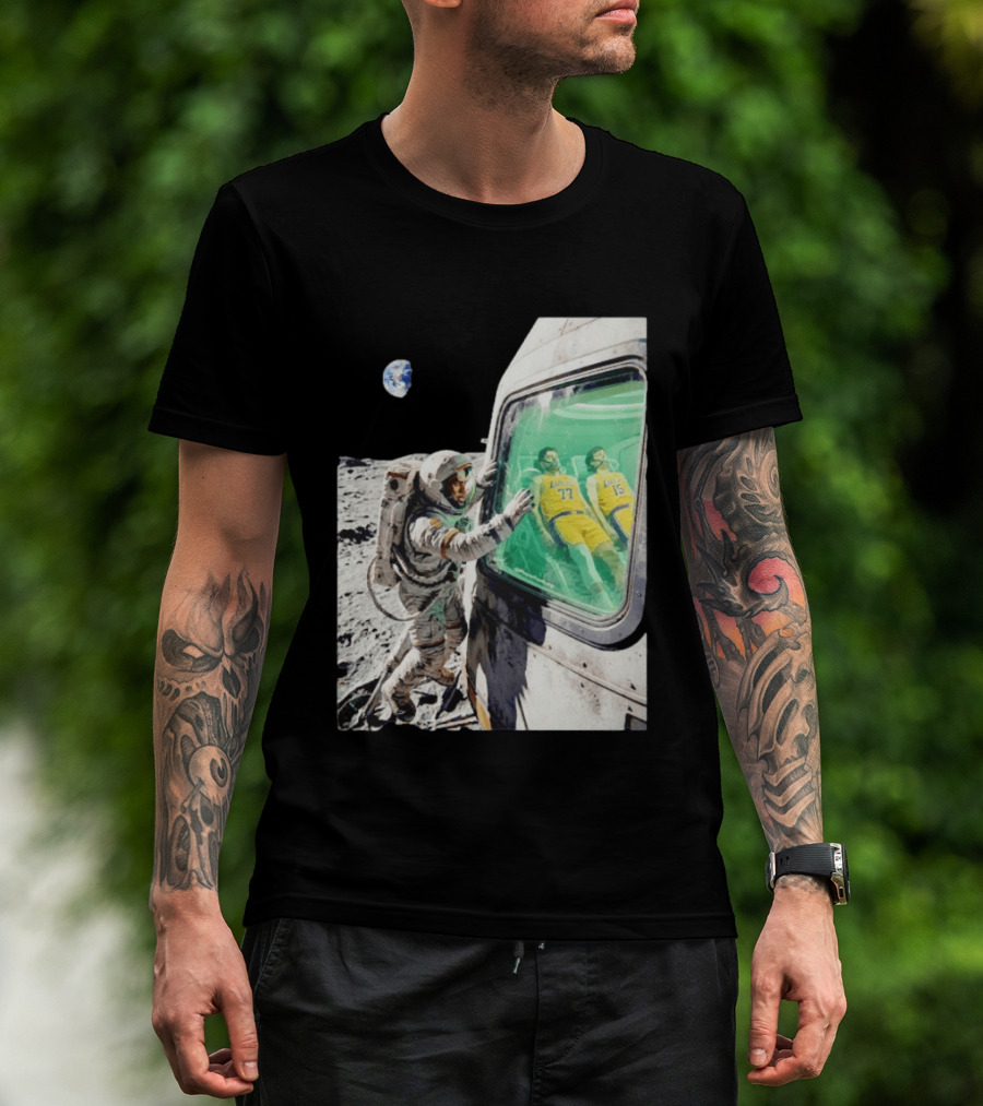 LeBron James Lakers Alone In Space Astronaut Scene With Number 77 And 15 In Spaceship T-Shirt