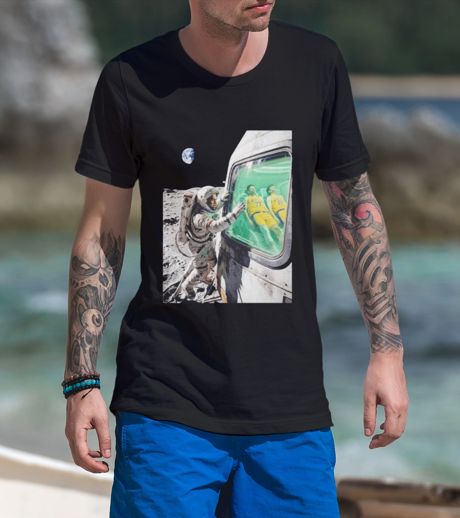 LeBron James Lakers Alone In Space Astronaut Scene With Number 77 And 15 In Spaceship T-Shirt