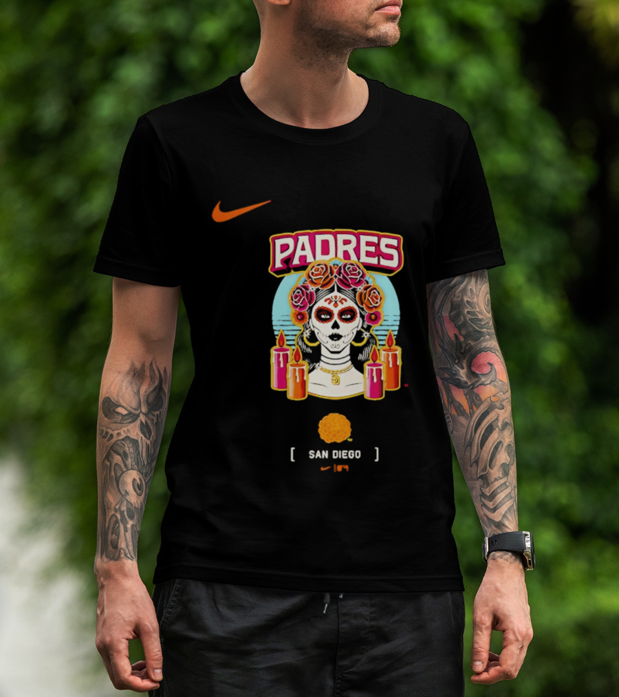 Nike San Diego Padres 2026 City Connect Dia De Los Muertos Candles Roses Large T-Shirt