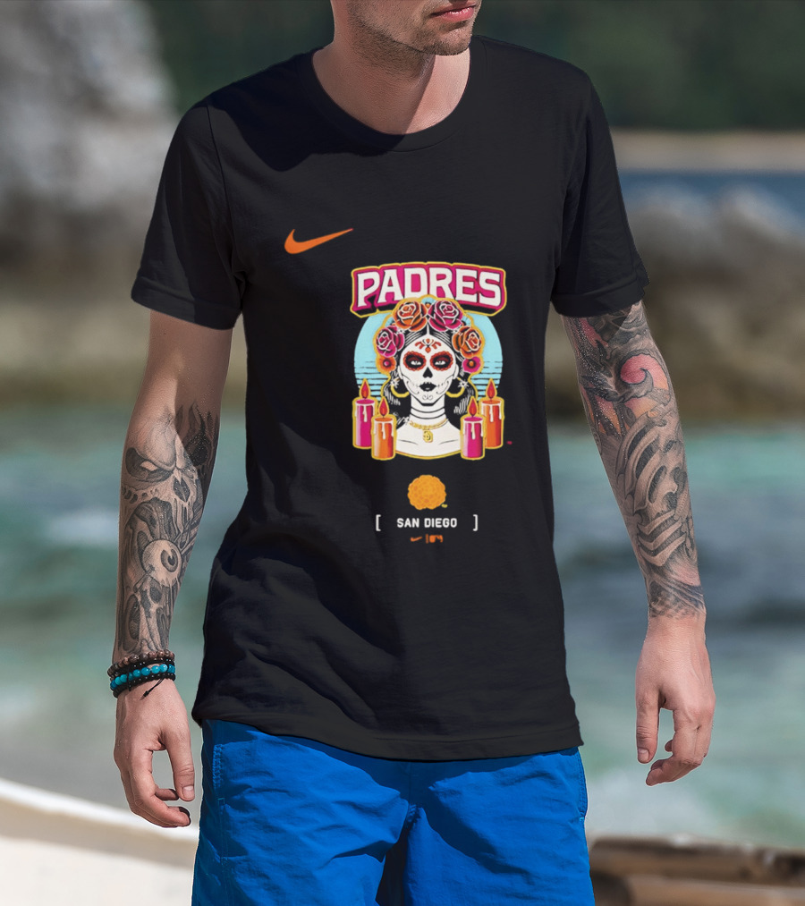 Nike San Diego Padres 2026 City Connect Dia De Los Muertos Candles Roses Large T-Shirt