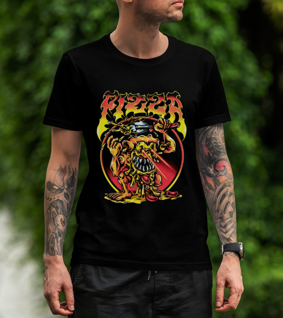 Pizza Monster Melting Laser Eyes Fiery Cheesy Creature T-Shirt