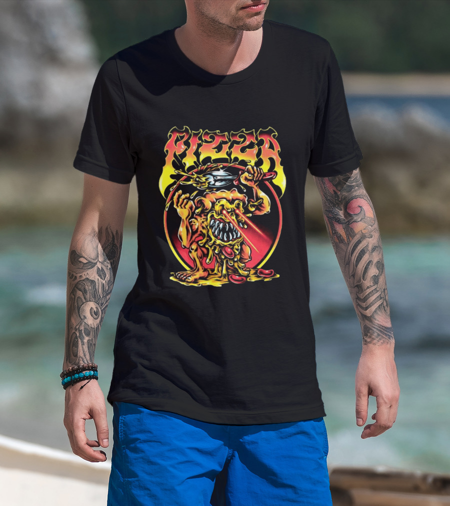 Pizza Monster Melting Laser Eyes Fiery Cheesy Creature T-Shirt