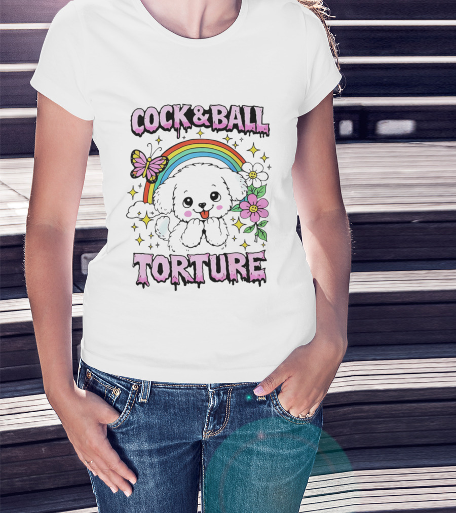 Cock And Ball Torture Dog Rainbow Butterfly Flowers T-Shirt