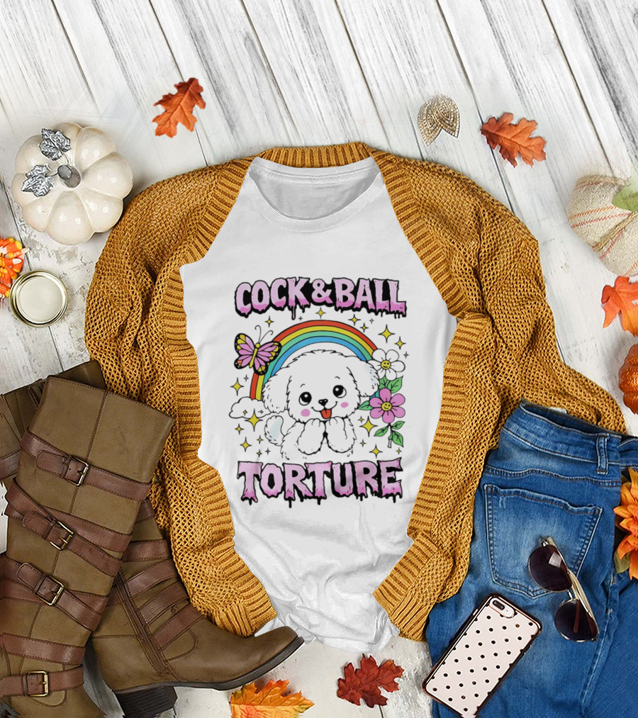 Cock and Ball Torture Dog Rainbow Butterfly Flowers T-Shirt