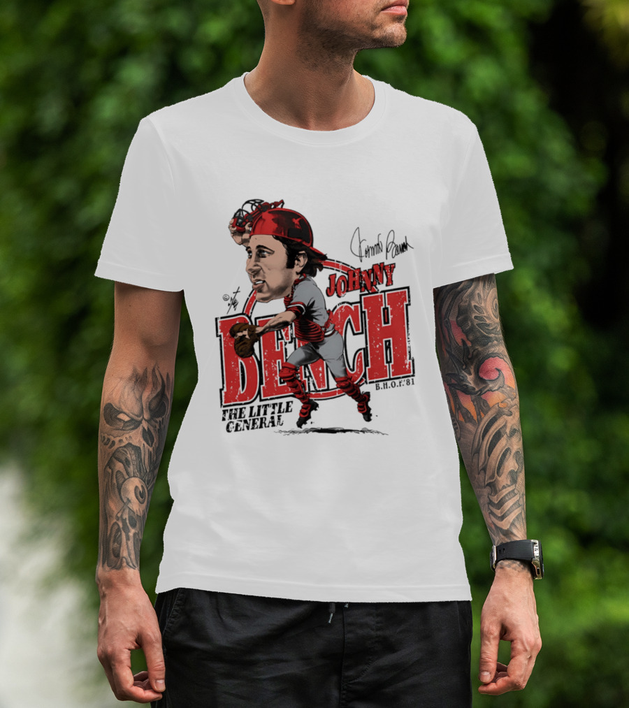 Johnny Bench Cincinnati The Little General Bruce Stark Collection HOF Caricature T-Shirt