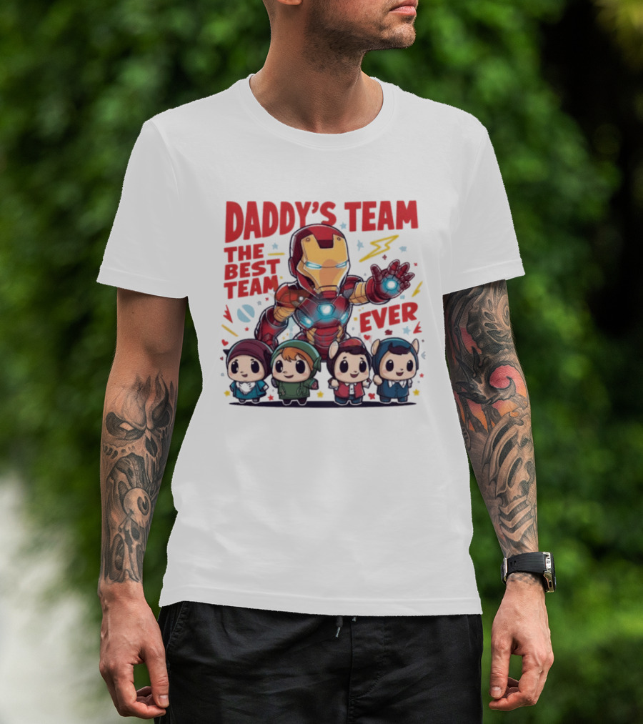 Daddys Team The Best Team Ever Superhero Dad Iron Man And Kids T-Shirt