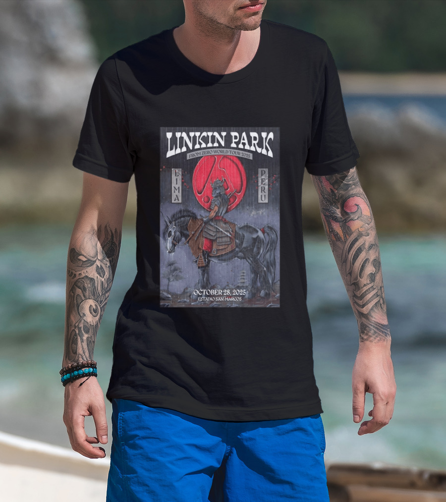 Linkin Park From Zero World Tour 2025 Lima Peru Estadio San Marcos October 28 Samurai Warrior On Horse With Red Moon T-Shirt