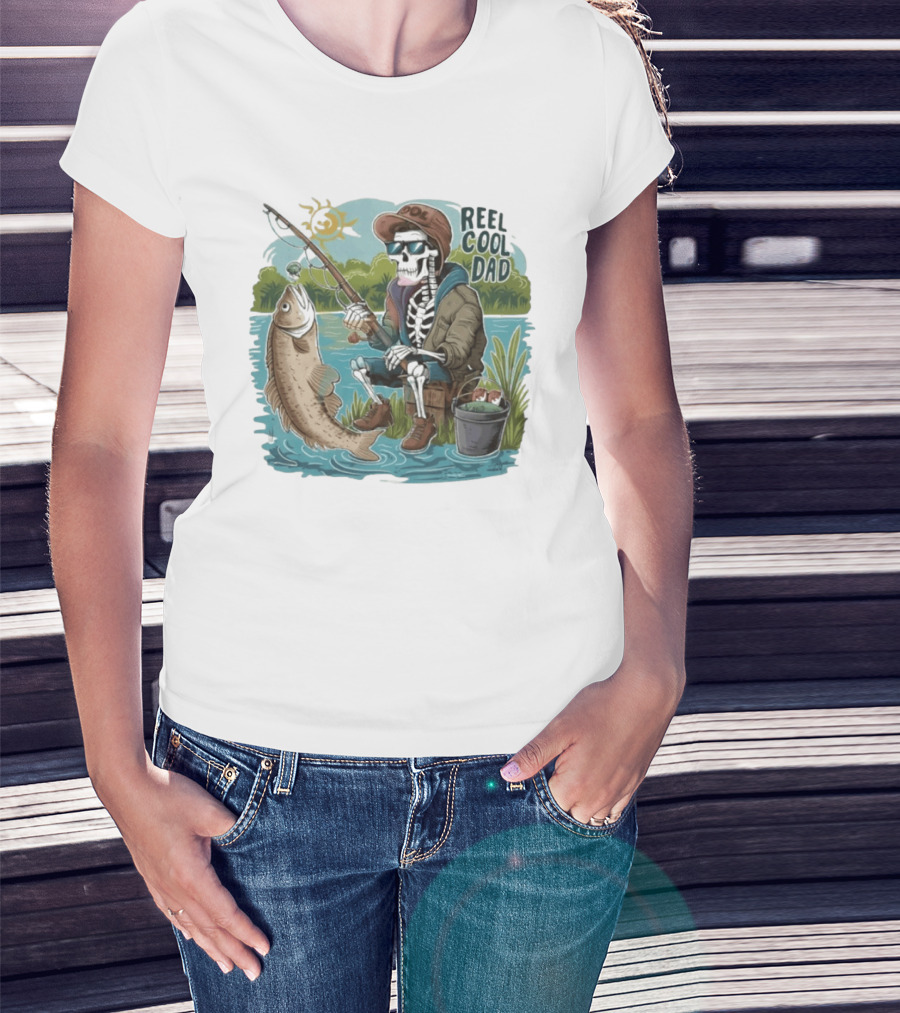 Reel Cool Dad Fishing Skeleton Catching Fish Cartoon T-Shirt