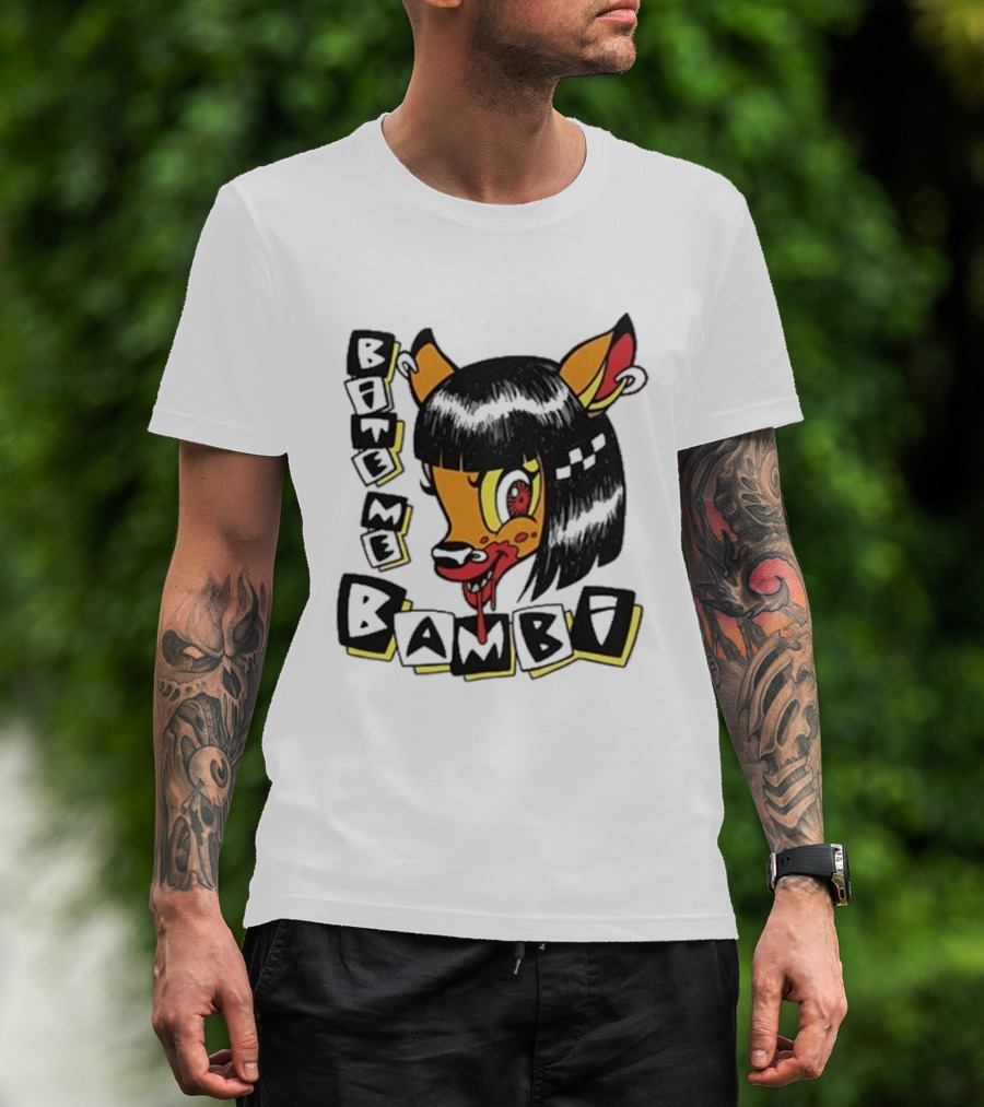 Bite Me Bambi Cartoon Character With Black Hair And Blood Dripping Mouth T-Shirt