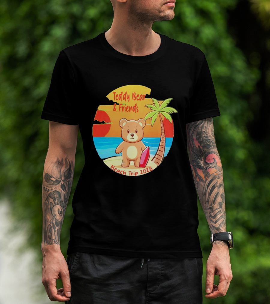 Teddy Bear And Friends Beach Trip 2026 Summer Adventure With Palm And Sunset T-Shirt