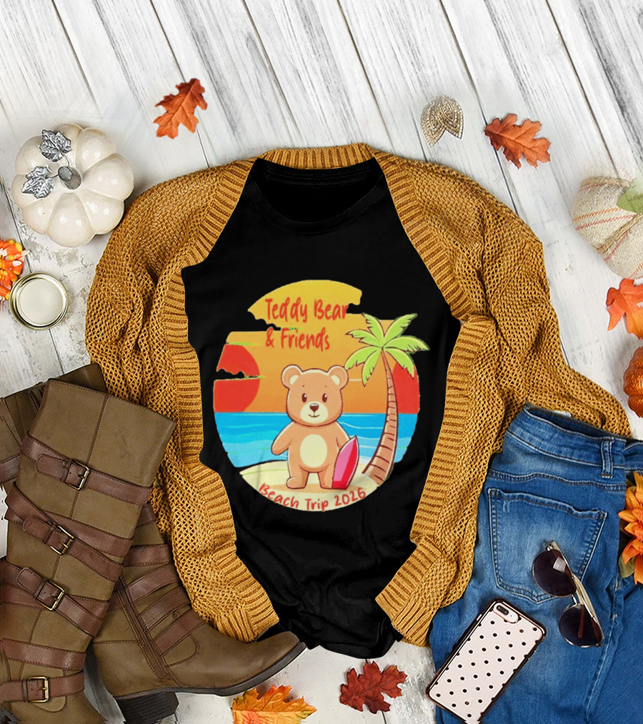 Teddy Bear and Friends Beach Trip 2026 Summer Adventure with Palm and Sunset T-Shirt
