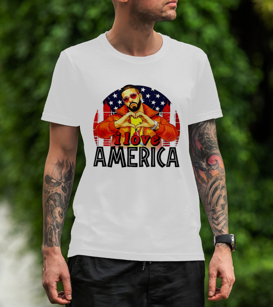 Drake I Love America Flag Heart Gesture Red Jacket Sunglasses T-Shirt