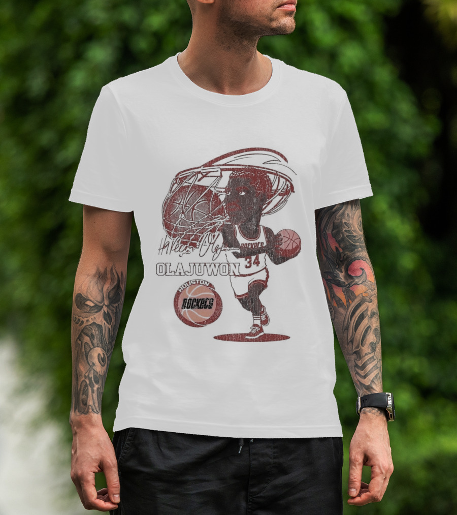 Houston Rockets Hardwood Classics Hakeem Olajuwon Number 34 Caricature T-Shirt