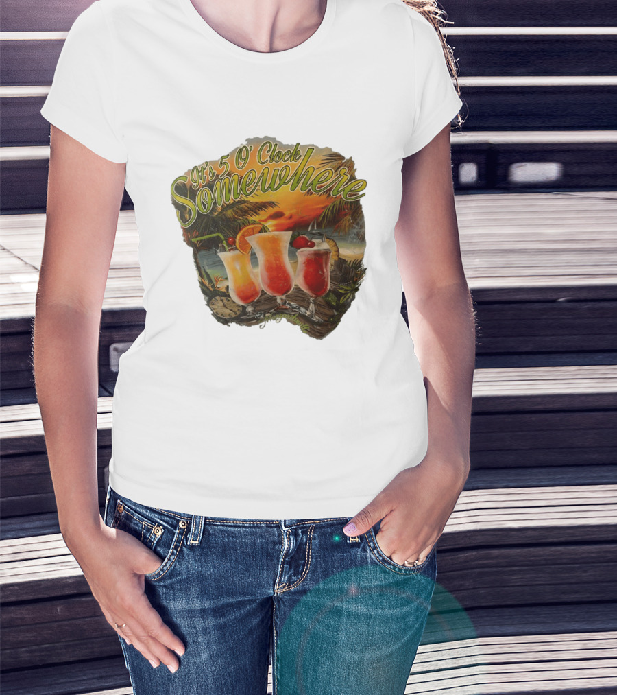 It's 5 O' Somewhere Tropical Sunset Cocktails And Palm Trees T-Shirt