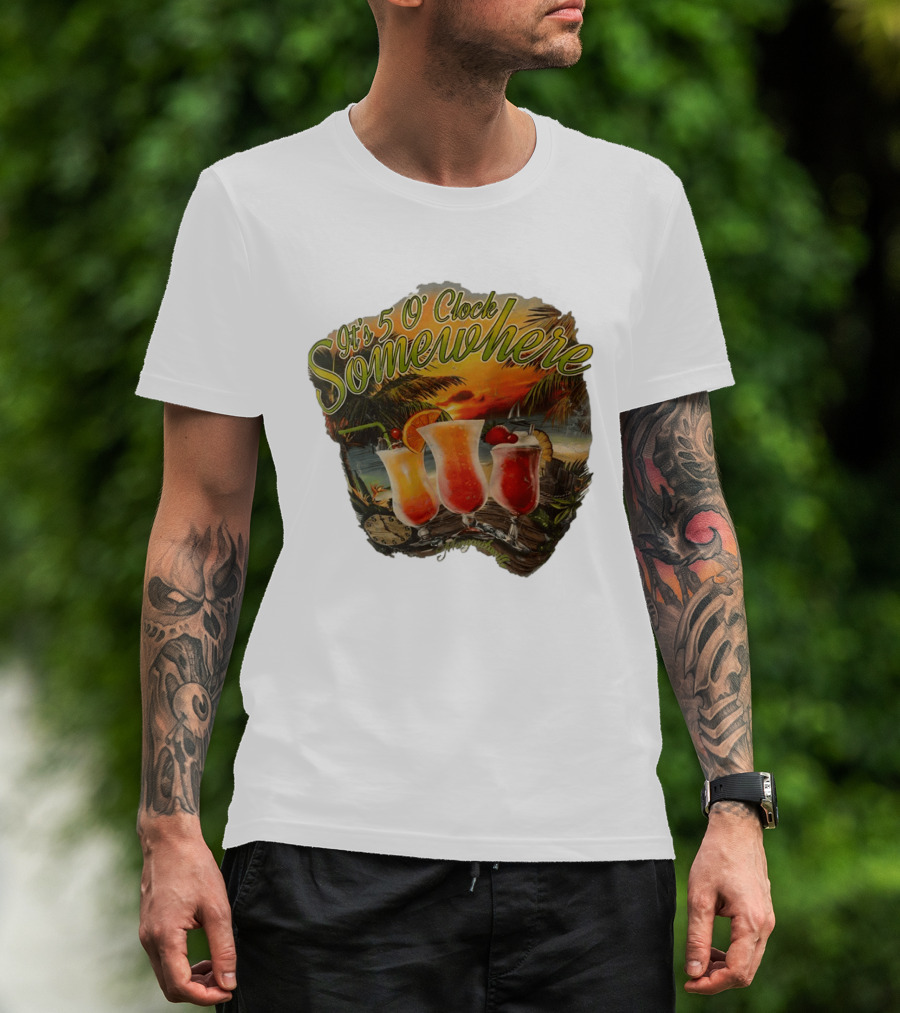 It's 5 O' Somewhere Tropical Sunset Cocktails And Palm Trees T-Shirt