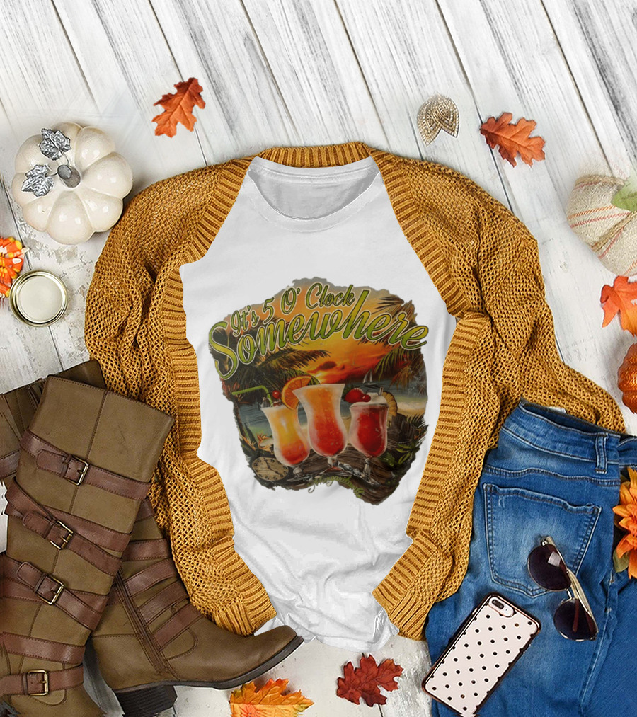 It's 5 O' Somewhere Tropical Sunset Cocktails and Palm Trees T-Shirt