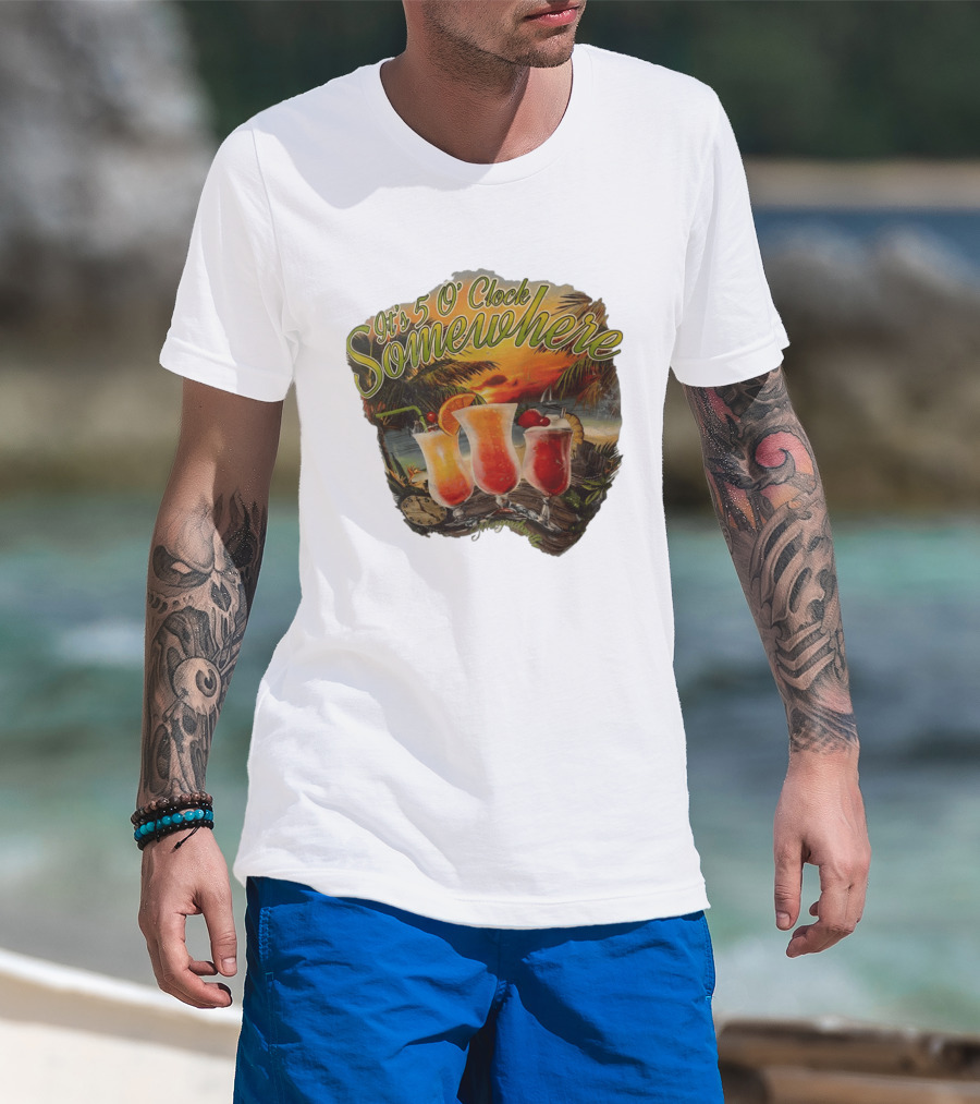 It's 5 O' Somewhere Tropical Sunset Cocktails And Palm Trees T-Shirt