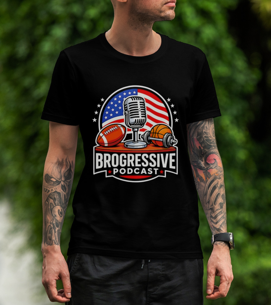 Brogressive Podcast American Flag Microphone Football Dumbbell Stars T-Shirt