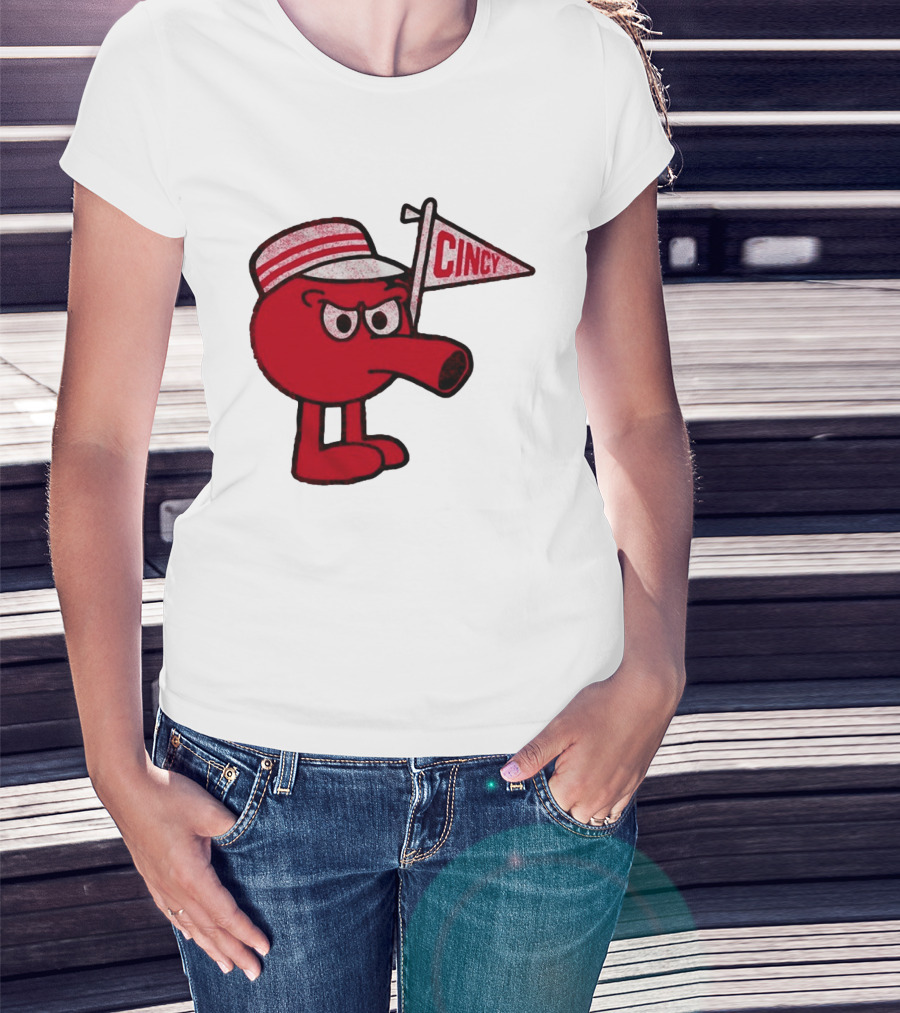 Cincy Redbert Cartoon Character With Striped Hat And Flag T-Shirt