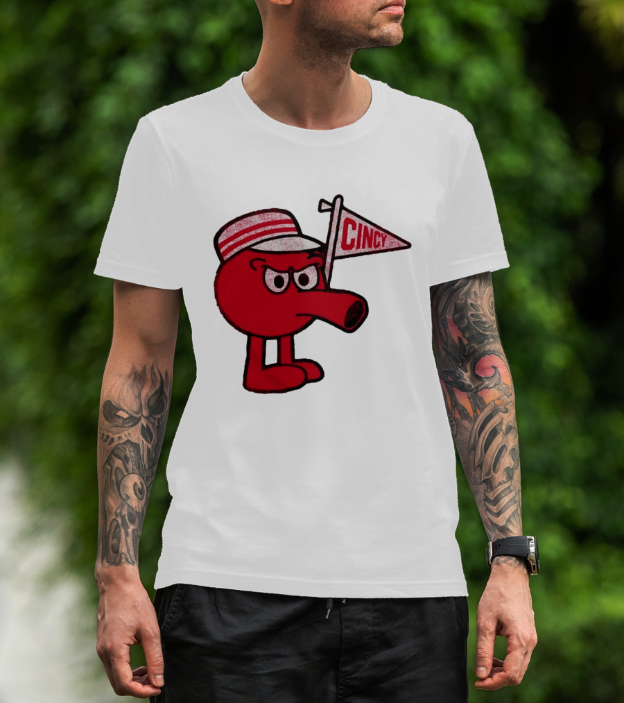 Cincy Redbert Cartoon Character With Striped Hat And Flag T-Shirt