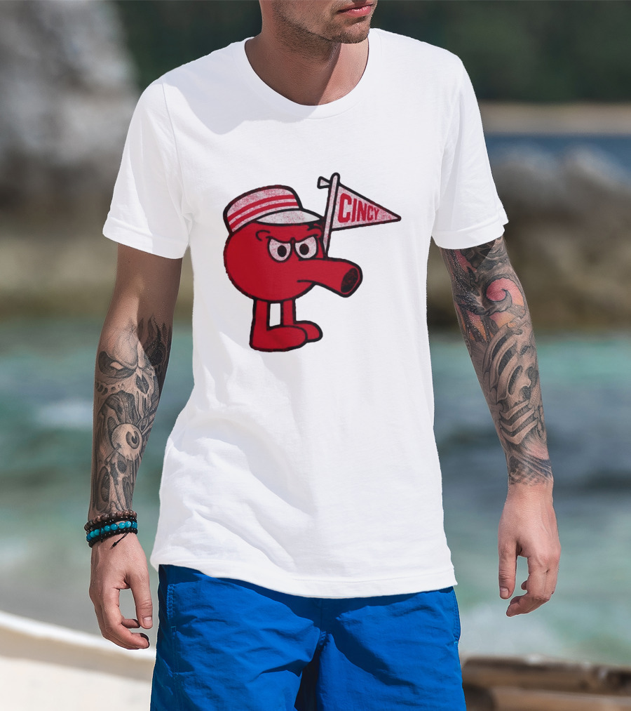 Cincy Redbert Cartoon Character With Striped Hat And Flag T-Shirt