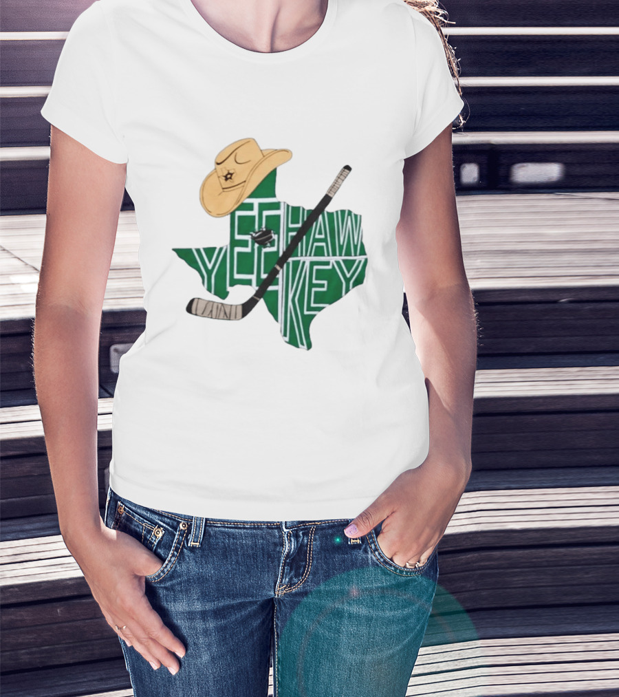 Texas Hockey Yeehaw Stars Cowboy Hat Hockey Stick 2026 Casey DeSmith Jake Oettinger Appreciation Night T-Shirt