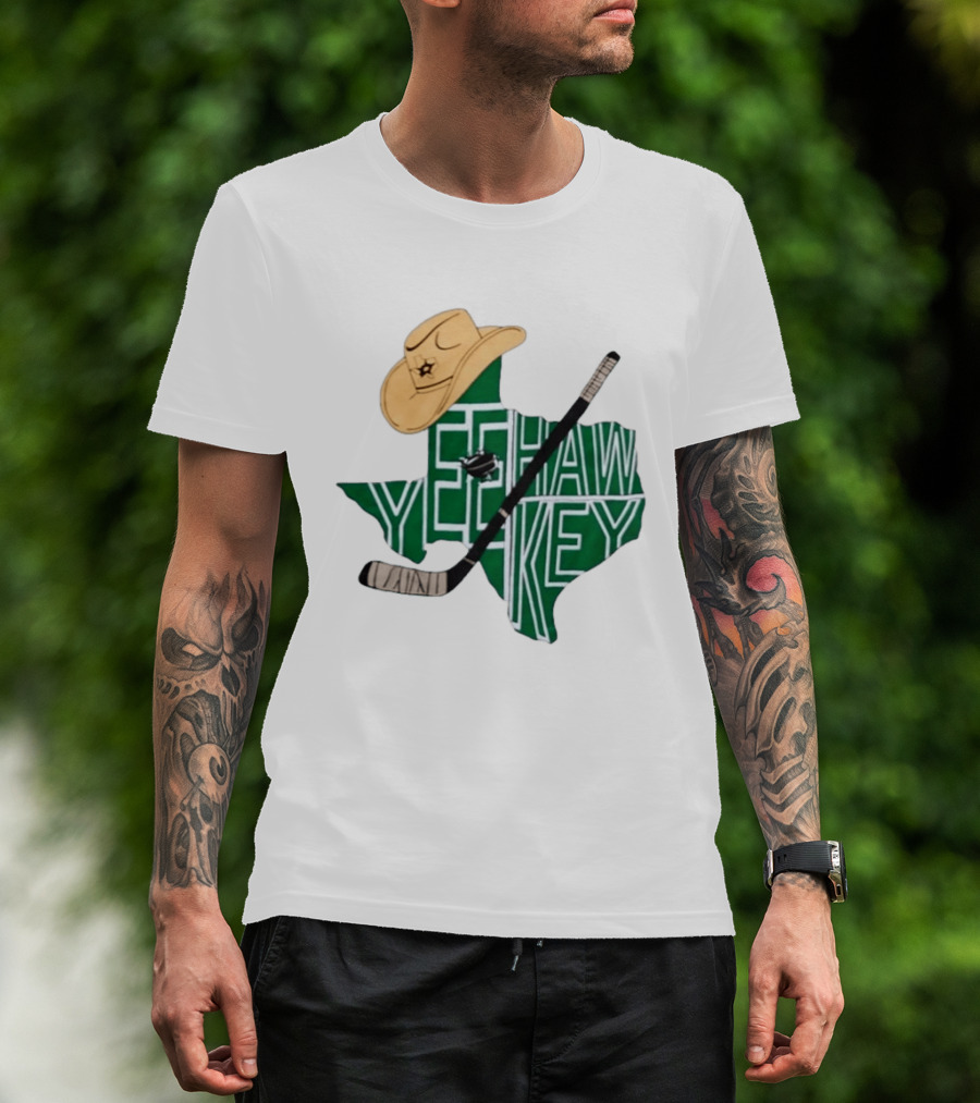 Texas Hockey Yeehaw Stars Cowboy Hat Hockey Stick 2026 Casey DeSmith Jake Oettinger Appreciation Night T-Shirt