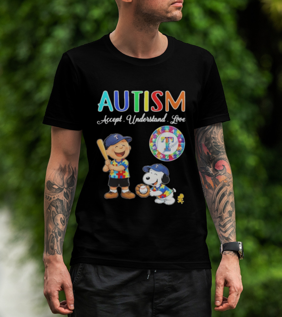 Peanuts Texas Rangers Autism Accept Understand Love Charlie Brown Snoopy T-Shirt