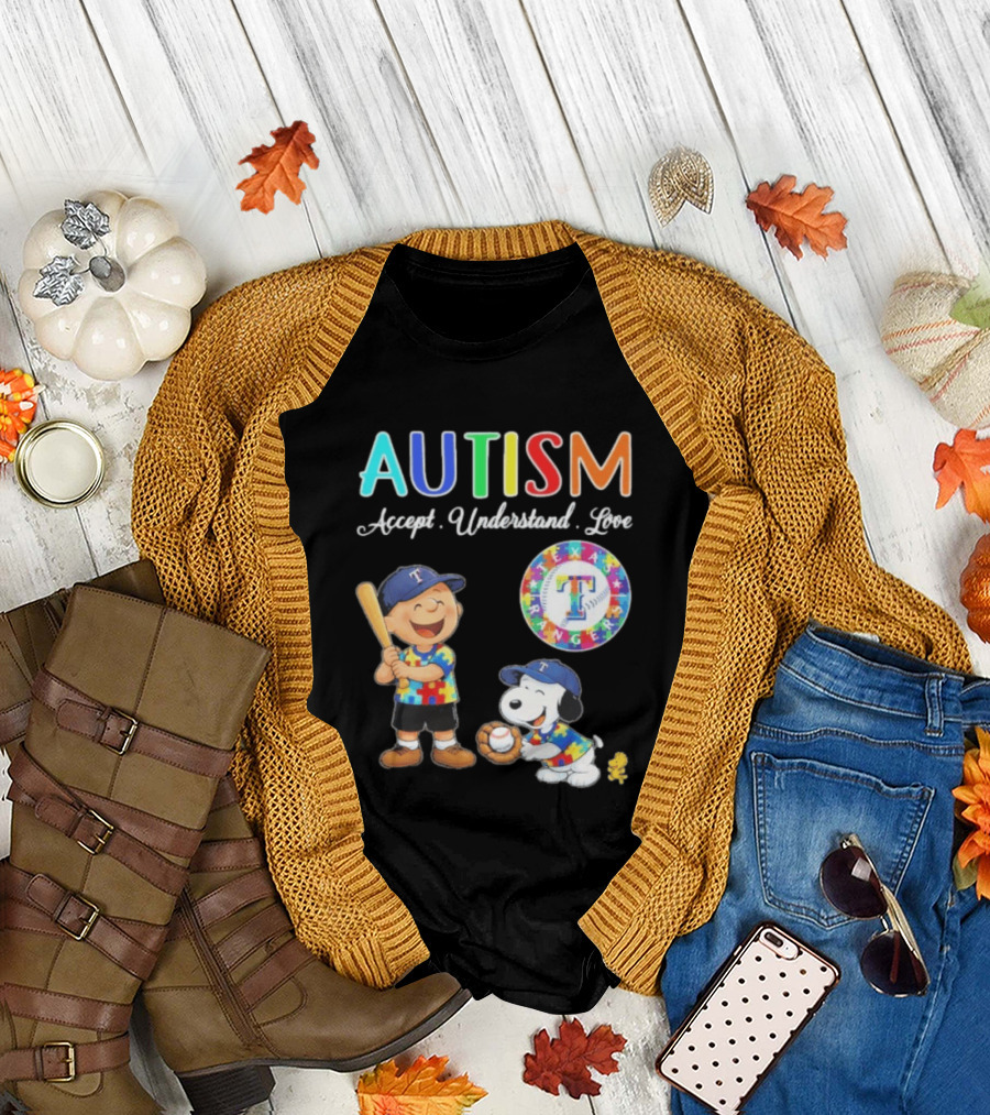 Peanuts Texas Rangers Autism Accept Understand Love Charlie Brown Snoopy T-Shirt