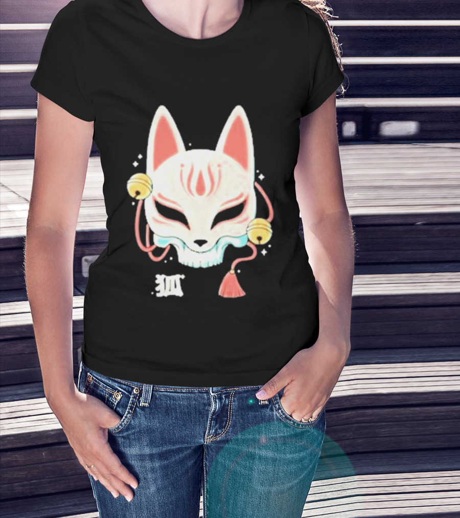 Lonely Club Kitsune Skull Mask With Bells And Kanji T-Shirt