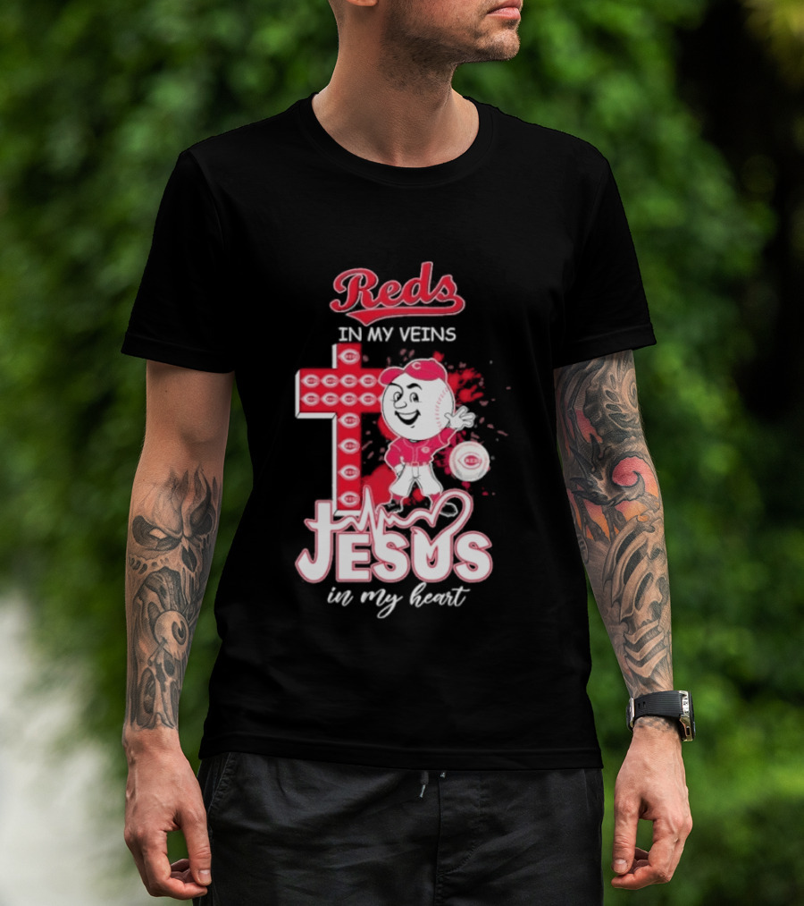 Reds In My Veins Jesus In My Heart Baseball Cross T-Shirt