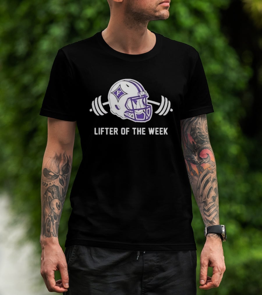 Furman Paladins Lifter Of The Week Helmet Logo With Weights T-Shirt