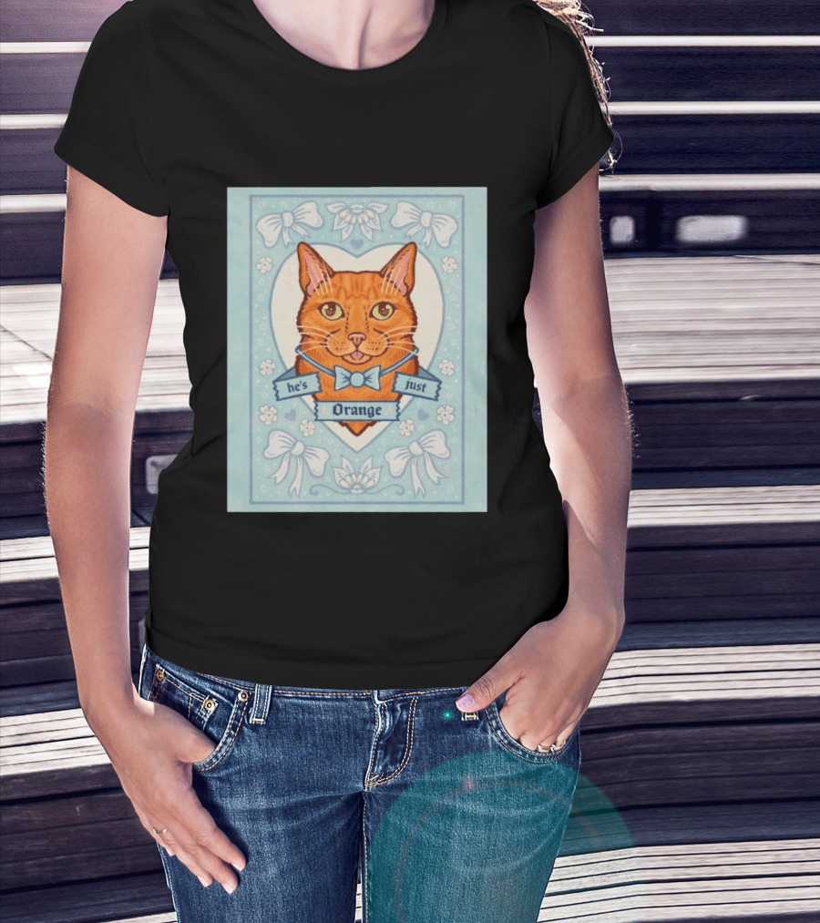 He's Just Orange Cat Floral Bow Blue T-Shirt