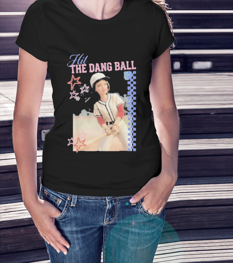 Hit The Dang Ball Vintage Baseball Player With Stars And Blue Checkerboard T-Shirt