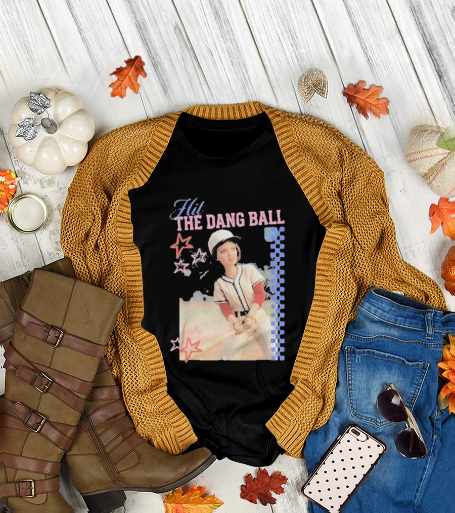 Hit The Dang Ball Vintage Baseball Player with Stars and Blue Checkerboard T-Shirt