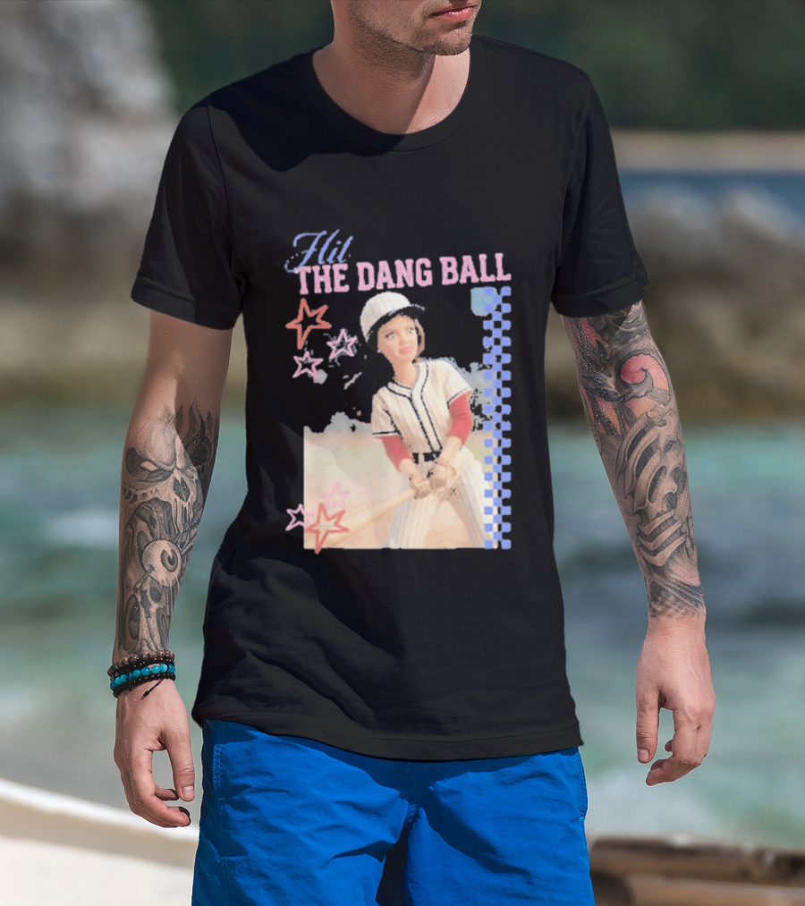 Hit The Dang Ball Vintage Baseball Player With Stars And Blue Checkerboard T-Shirt