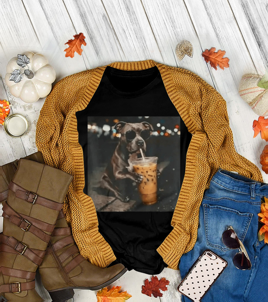 Rottweiler Dog with Sunglasses Sipping Iced Coffee T-Shirt