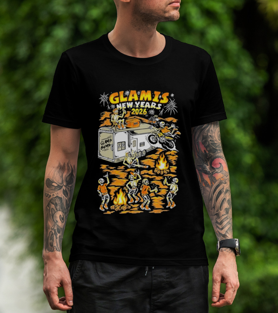 Glamis New Years 2026 Skeletons Campfire Celebration With Motorbike And Fireworks T-Shirt