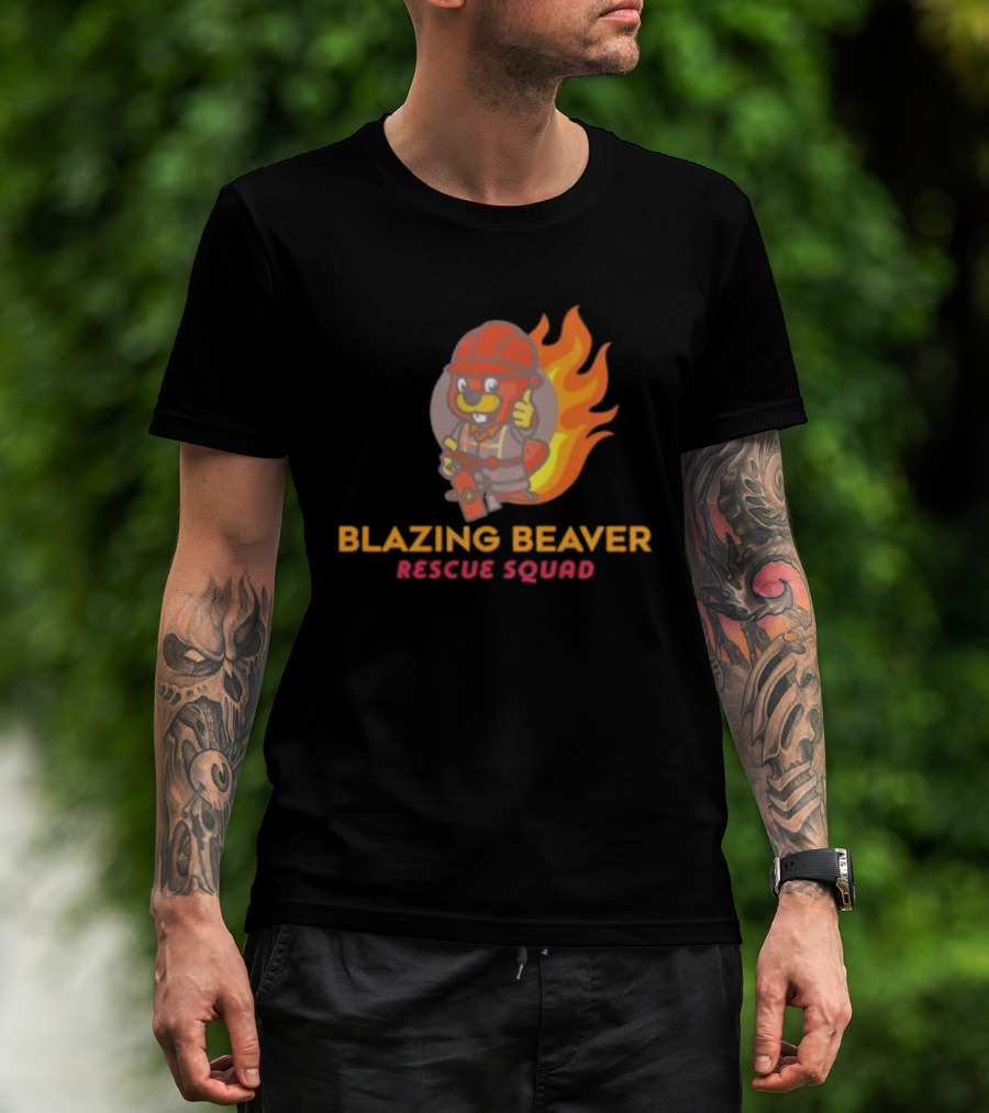 Blazing Beaver Rescue Squad Firefighter Cartoon With Flames T-Shirt