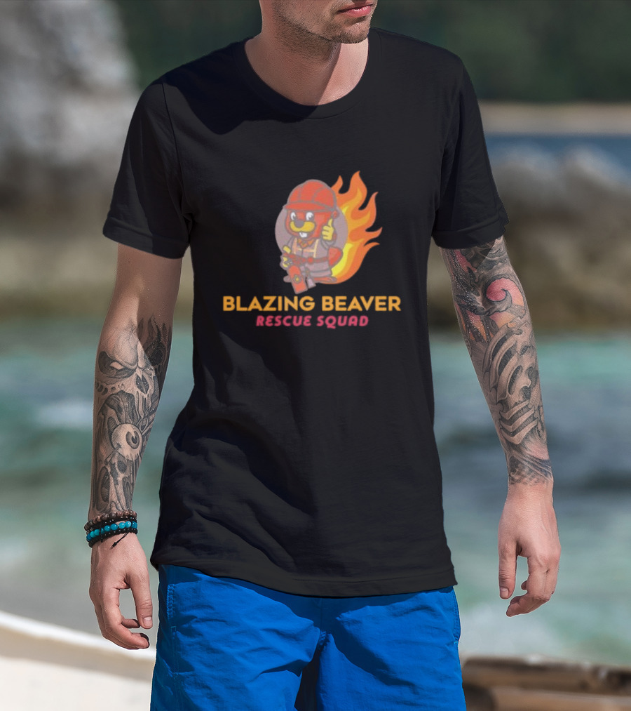 Blazing Beaver Rescue Squad Firefighter Cartoon With Flames T-Shirt