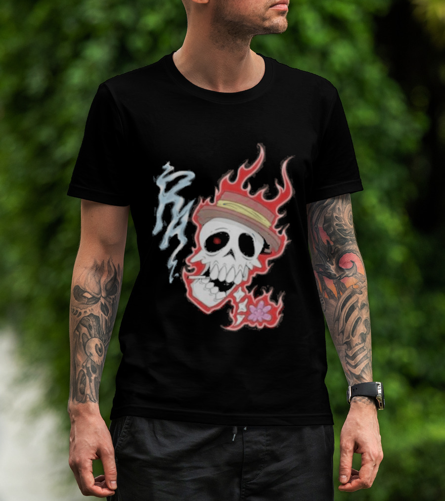 Rare Americans Skull With Flames And Hat Flower T-Shirt