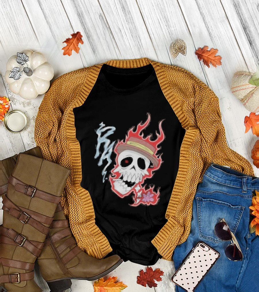 Rare Americans Skull with Flames and Hat Flower T-Shirt
