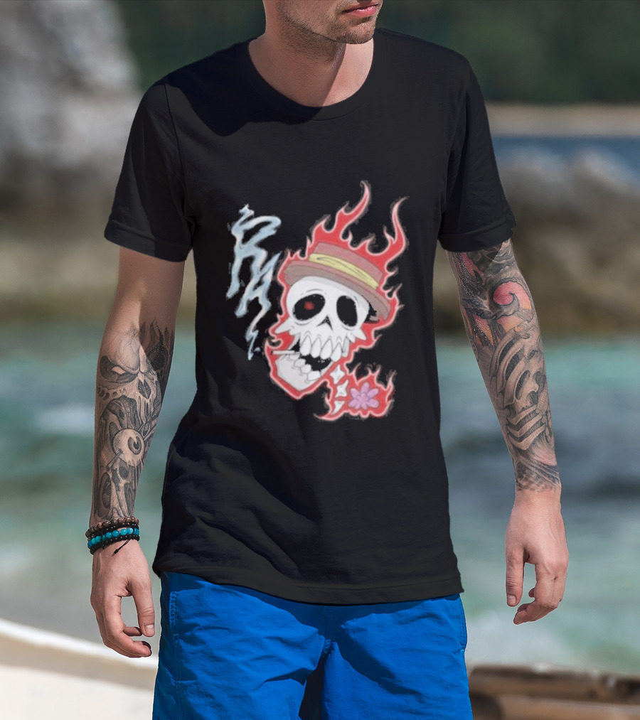 Rare Americans Skull With Flames And Hat Flower T-Shirt
